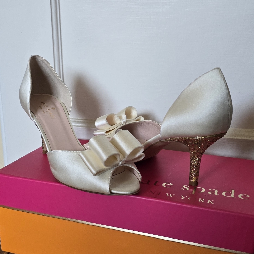 Kate Spade Cream Peep-Toe Heels with Bow - Picture 3 of 4